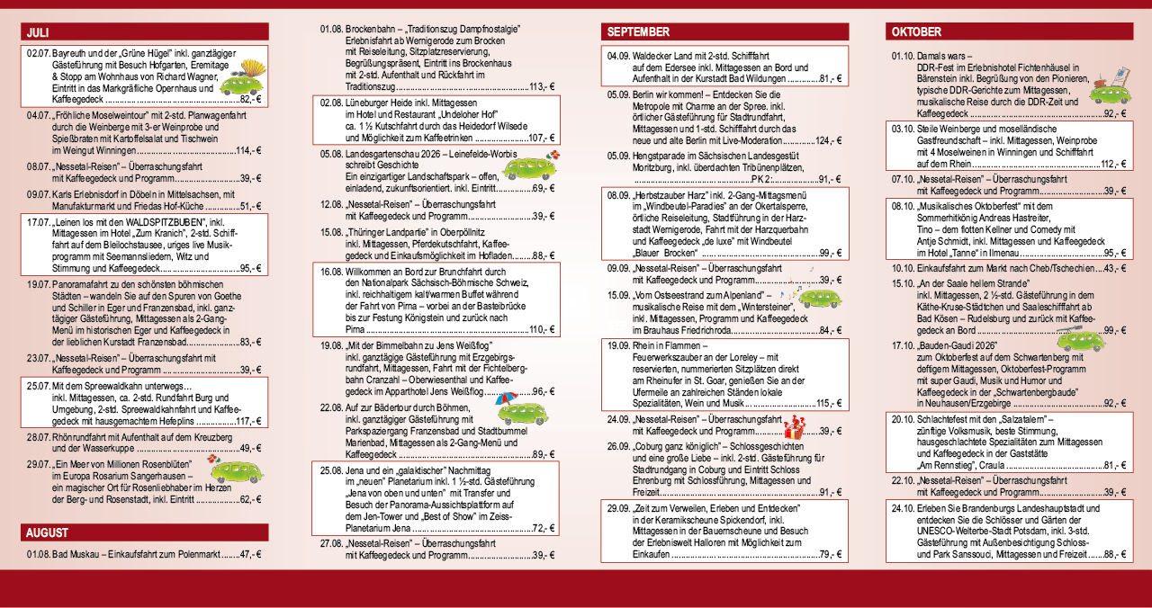 Tagesfahrten 2026 Juli bis Oktober